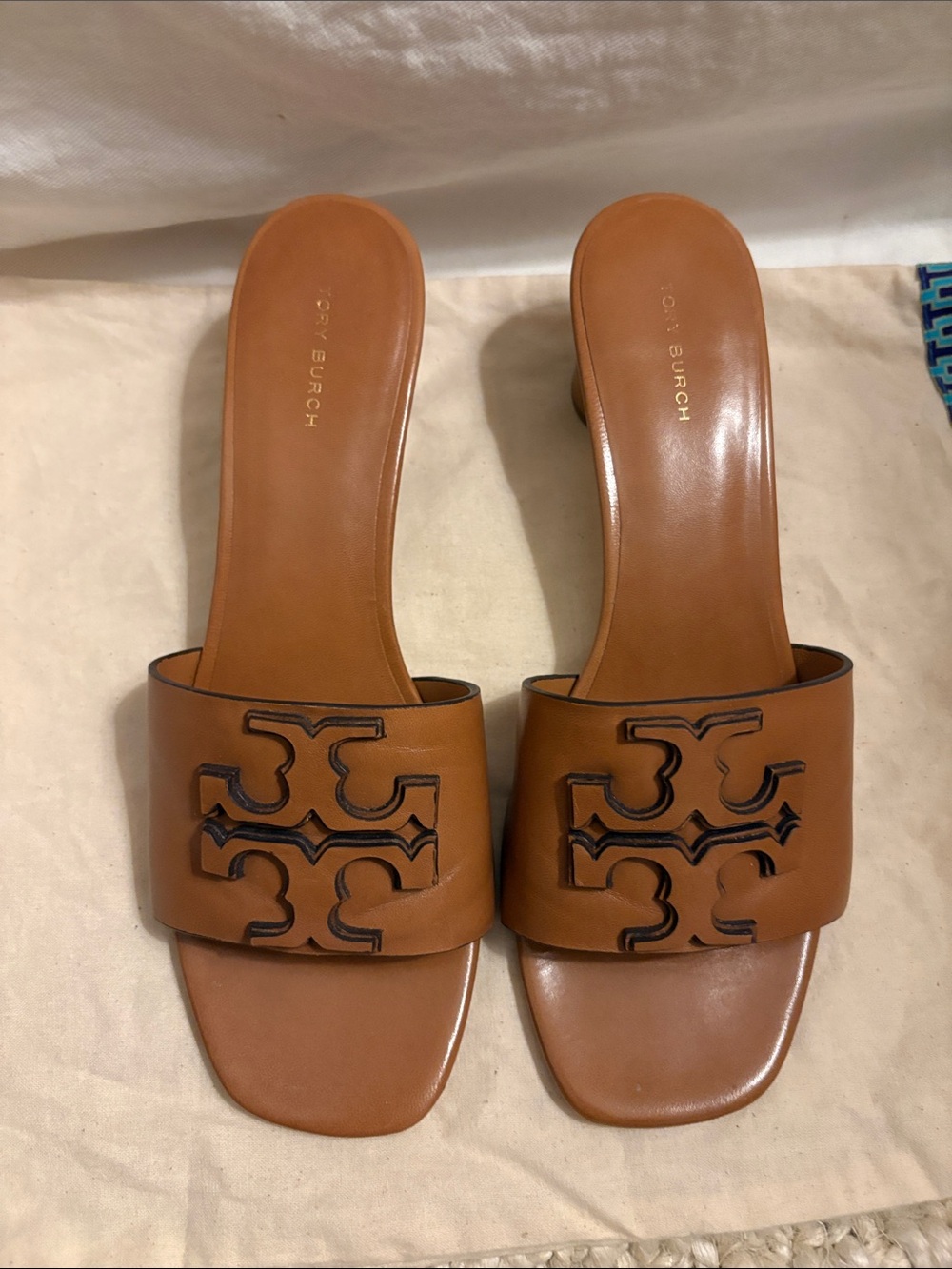 Tory Burch Ines Tan Leather Double T Block Heel Slide Sandals Size 9